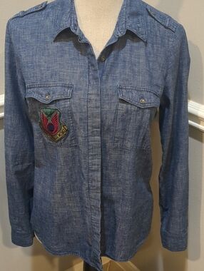 Banana Republic Blue Chambray Long-Sleeve Pocket Shirt  With Military Patch